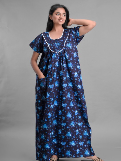 

Apratim Women Black Printed Cotton Maxi Nightdress