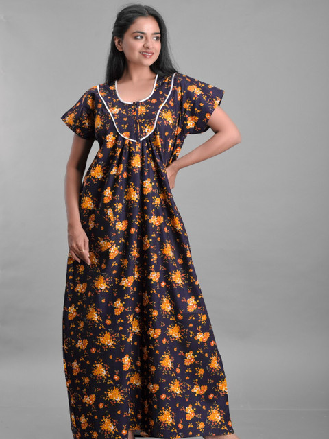 

Apratim Women Black Printed Cotton Maxi Nightdress