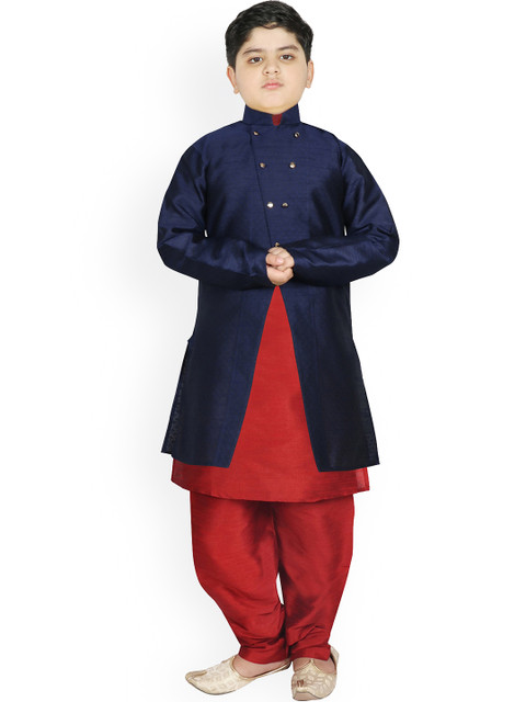 

SG YUVRAJ Boys Navy Blue & Red Raw Silk Kurta with Churidar