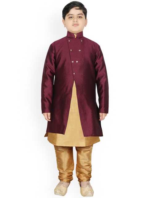 

SG YUVRAJ Boys Burgundy Layered Raw Silk Kurta with Pyjamas