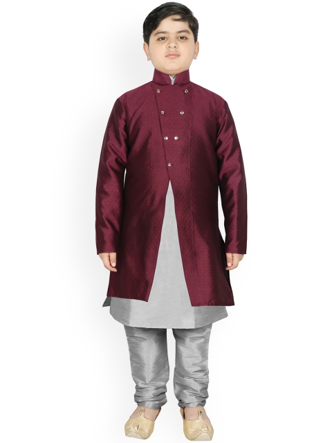 

SG YUVRAJ Boys Burgundy Raw Silk Kurta with Pyjamas & Jacket