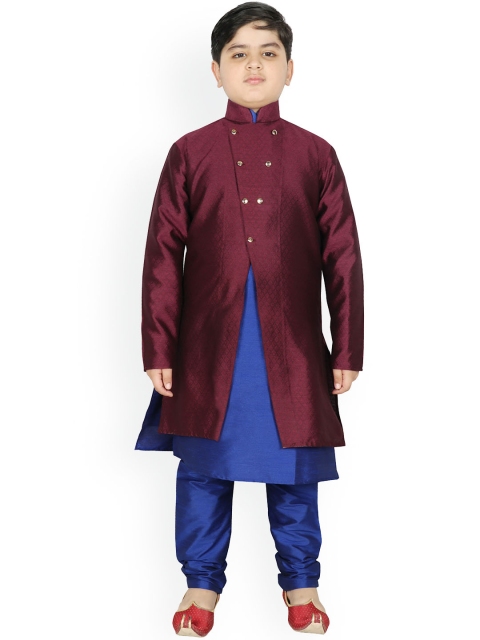

SG YUVRAJ Boys Burgundy & Blue Raw Silk Kurta with Pyjamas
