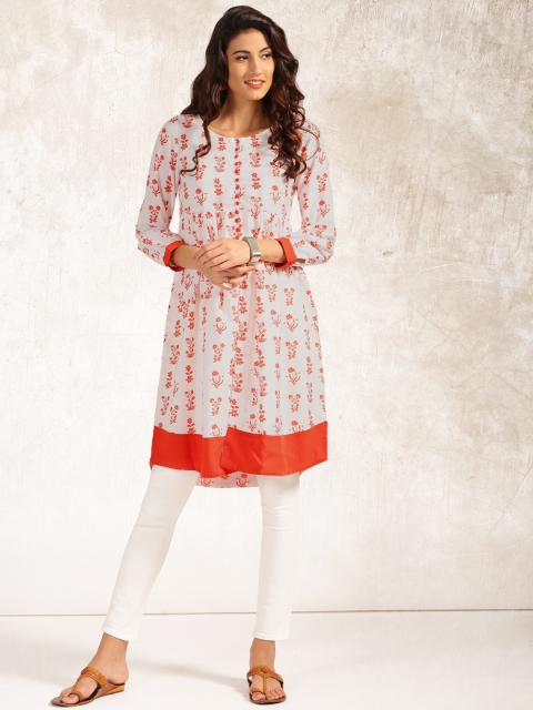 

Anouk Women White & Orange Printed A-Line Kurta