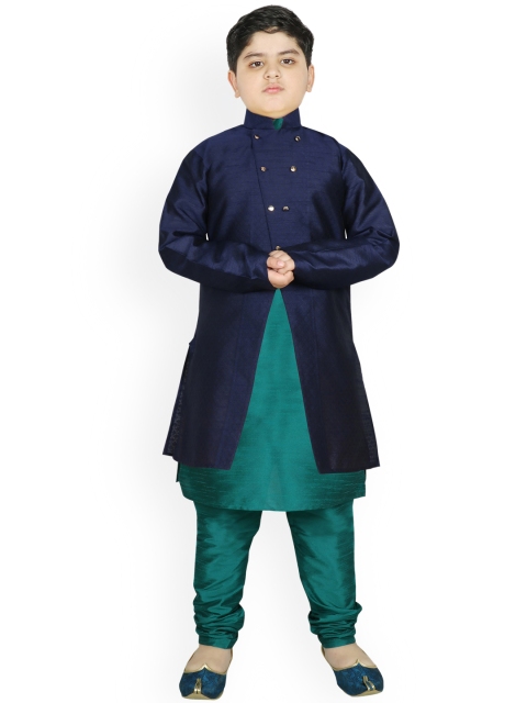 

SG YUVRAJ Boys Navy Blue & Green Raw Silk Kurta Pyjama with Jacket