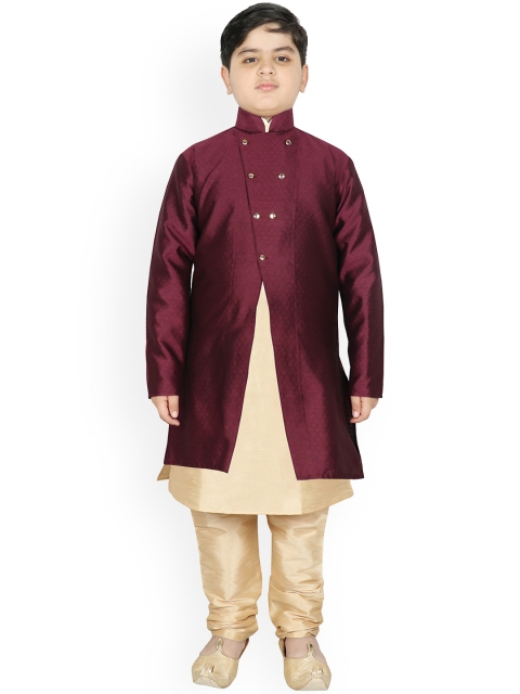 

SG YUVRAJ Boys Burgundy & Cream-Coloured Raw Silk Kurta with Churidar