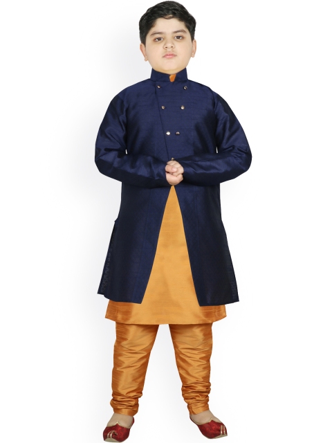 

SG YUVRAJ Boys Navy Blue & Yellow Raw Silk Kurta Pyjama with Jacket