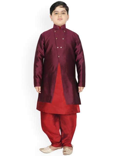 

SG YUVRAJ Boys Maroon Raw Silk Kurta with Salwar & Jacket