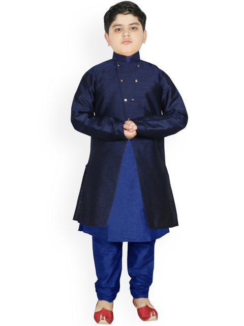 

SG YUVRAJ Boys Navy Blue Raw Silk Kurta Pyjama with Jacket