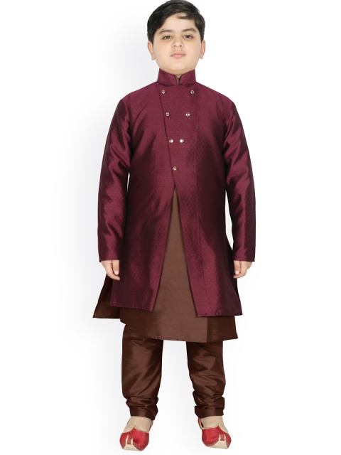 

SG YUVRAJ Boys Burgundy & Brown Raw Silk Kurta Pyjama with Jacket
