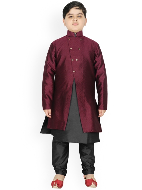 

SG YUVRAJ Boys Burgundy Raw Silk Kurta with Pyjamas & Jacket
