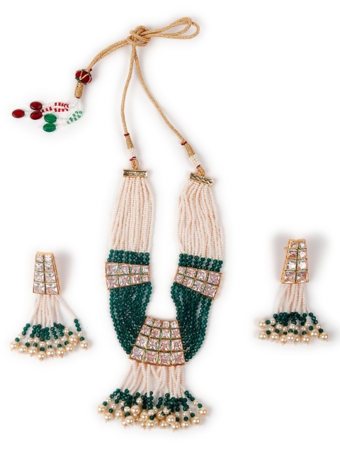 

ODETTE Gold-Toned White & Green Stone-Studded & Pearl Beaded Jewellery Set