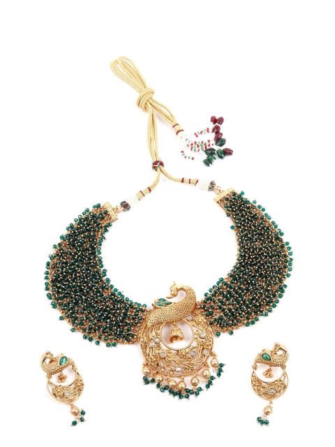 

ODETTE Gold-Plated Green Stone-Studded & Beaded Jewellery Set