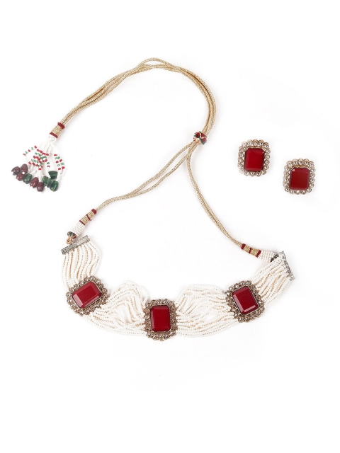 

ODETTE Gold-Plated Off White & Red Stone-Studded & Beaded Jewellery Set