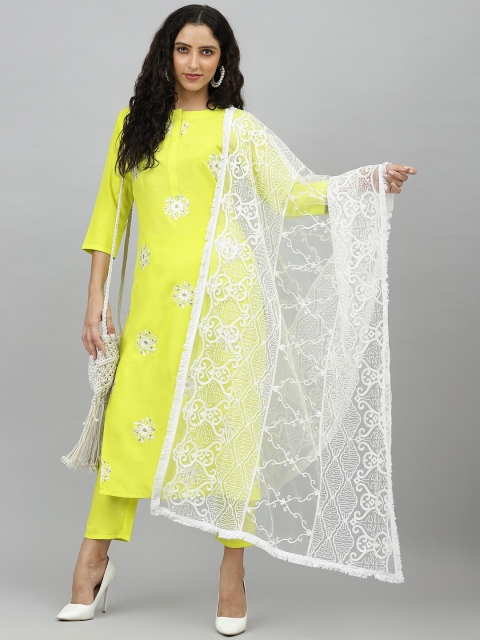 

KALINI Women Lime Green Floral Embroidered Thread Work Kurta with Trousers & Dupatta