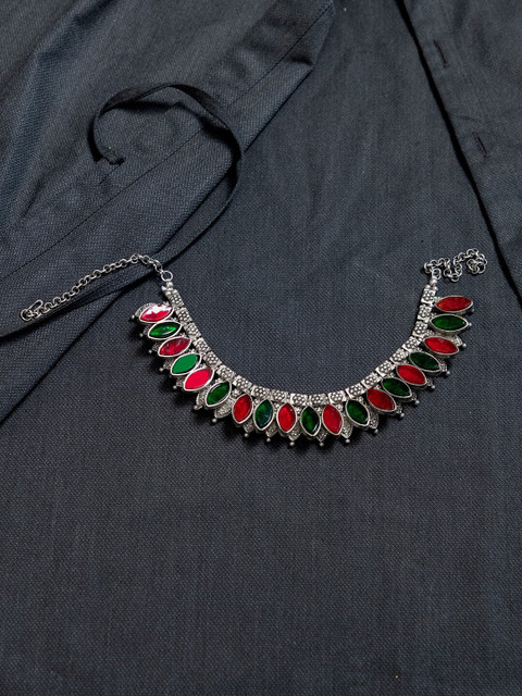 

creyons by mansi Silver-Toned & Pink Glasswork Choker Necklace