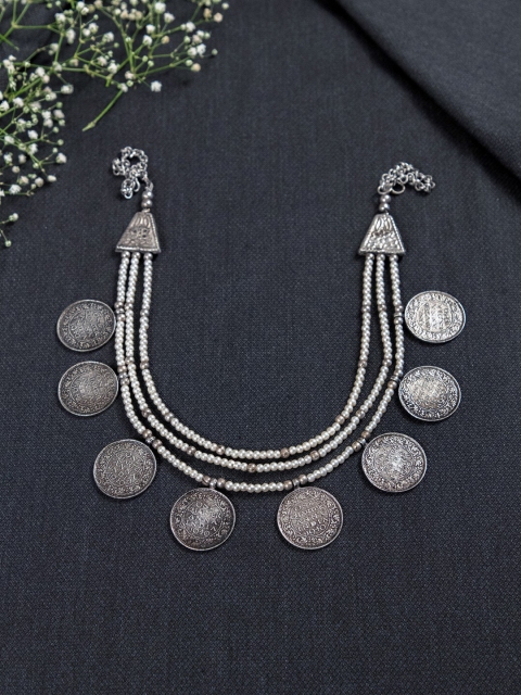 

creyons by mansi Silver-Toned & White Beaded Coin Necklace