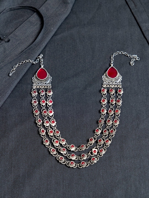 

creyons by mansi Silver-Toned & Red Glasswork Necklace