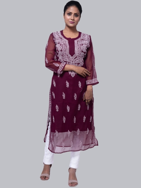 

FAWOMENT Women Maroon Ethnic Motifs Embroidered Chikankari Georgette Kurta