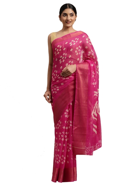 

Pavechas Pink & White Bandhani Zari Jute Cotton Bhagalpuri Saree