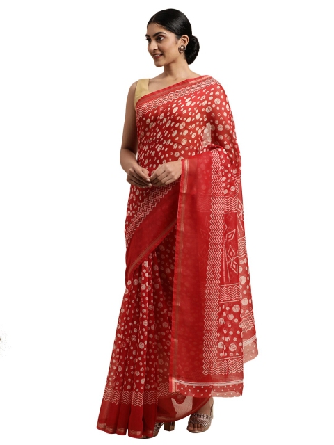 

Pavechas Red & White Zari Jute Cotton Bhagalpuri Saree