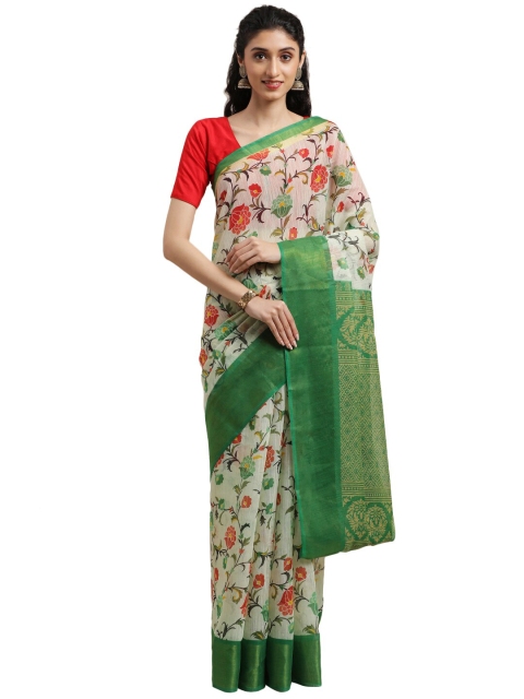 

Pavechas Off White & Green Floral Zari Jute Cotton Bhagalpuri Saree