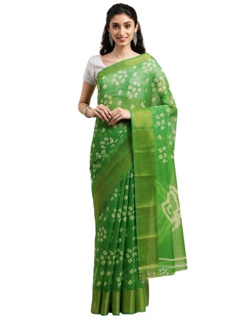 

Pavechas Green & White Bandhani Printed Zari Jute Cotton Bhagalpuri Saree