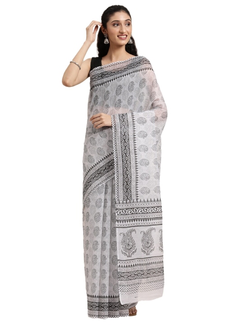 

Pavechas White & Black Printed Zari Mangalagiri Saree
