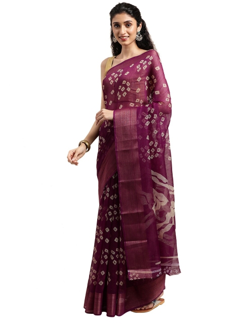 

Pavechas Purple & White Bandhani Zari Jute Cotton Bhagalpuri Saree