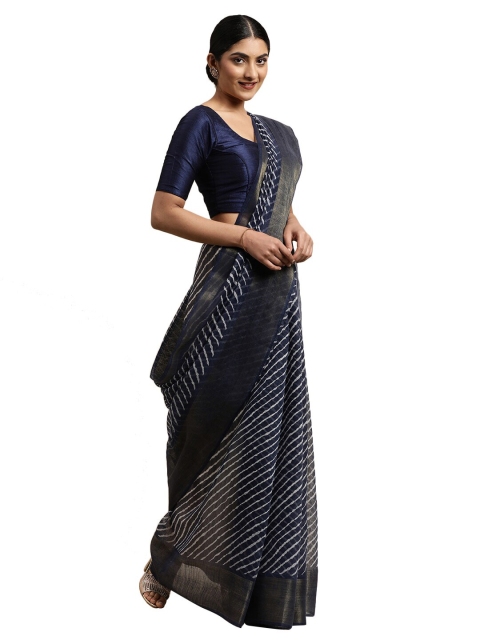 

Pavechas Navy Blue & White Leheriya Zari Jute Cotton Bhagalpuri Saree