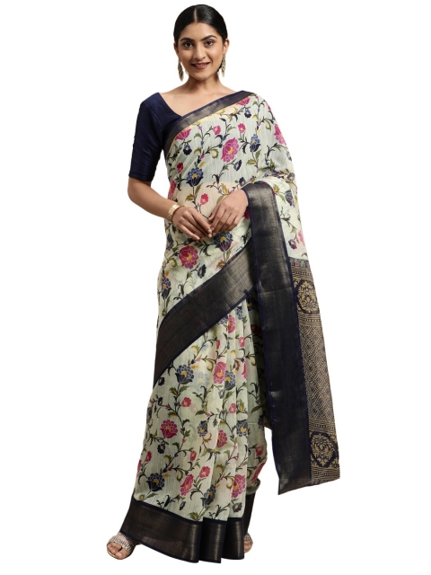 

Pavechas Off White & Navy Blue Floral Jute Cotton Bhagalpuri Saree