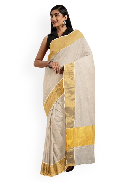 

Pavechas White & Golden Zari Pure Cotton Kasavu Saree