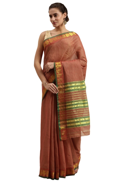 

Pavechas Orange & Green Woven Design Zari Pure Cotton Chettinad Saree