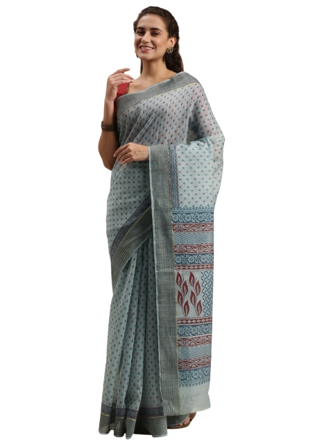 

Pavechas Blue & Red Zari Chanderi Saree