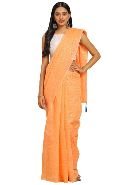 

Pavechas Orange & Golden Checked Zari Chanderi Saree