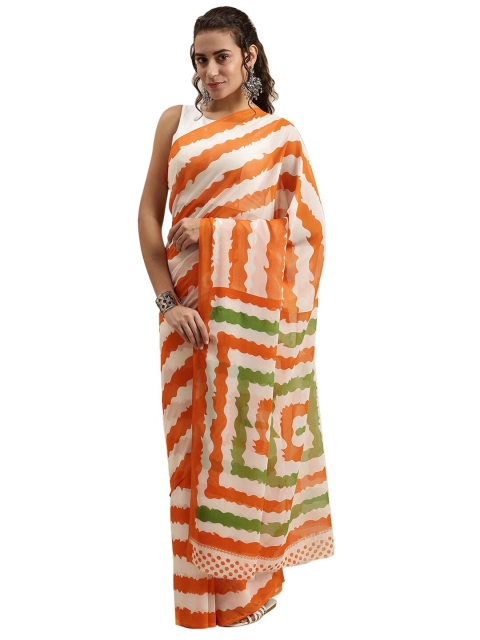 

Pavechas White & Orange Striped Zari Bhagalpuri Saree