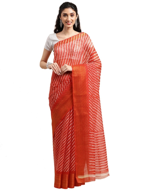 

Pavechas Orange & White Leheriya Zari Jute Cotton Bhagalpuri Saree