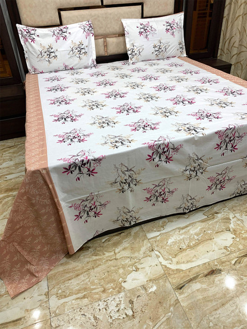 

Pure Decor Peach-Coloured & White 400 TC Pure Cotton Velar Fur Sib King Bedsheet Set