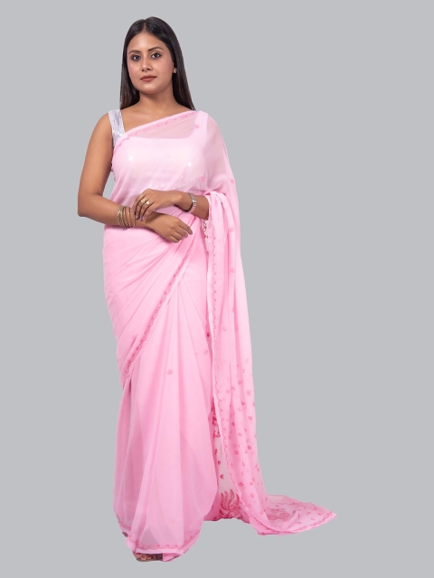 

FAWOMENT Pink Embroidered Floral Chikankari Saree