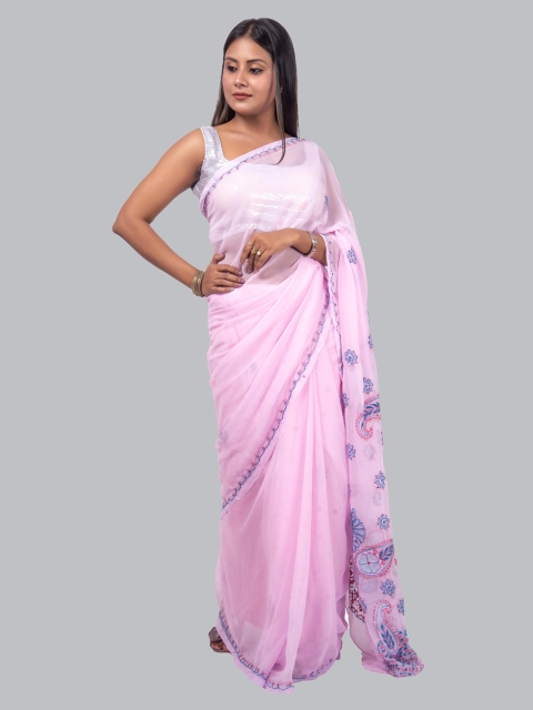 

FAWOMENT Pink Floral Chikankari Saree