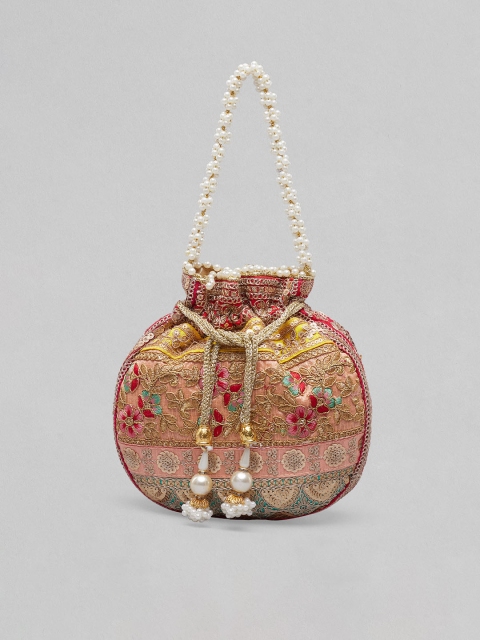 

Rubans Pink & Gold-Toned Embroidered Potli Clutch
