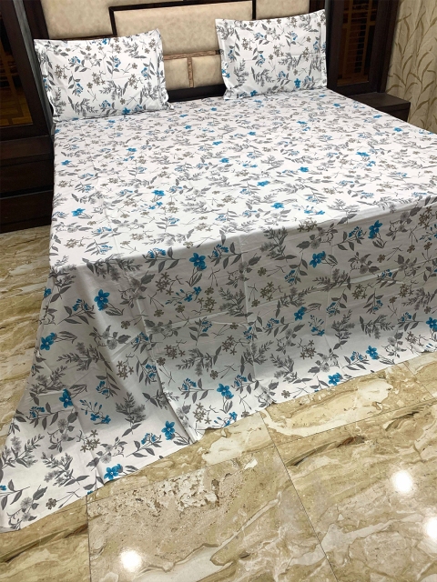 

Pure Decor White & Blue Floral 400 TC Pure Cotton King Bedsheet with 2 Pillow Covers