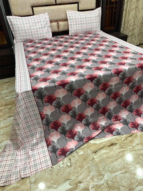 

Pure Decor Grey & Red Floral 400 TC Cotton King Bedsheet with 2 Pillow Covers