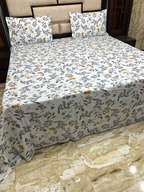 

Pure Decor White & Grey Floral 400 TC Pure Cotton King Bedsheet with 2 Pillow Covers
