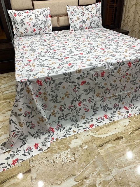 

Pure Decor White & Grey Floral 400 TC King Bedsheet with 2 Pillow Covers