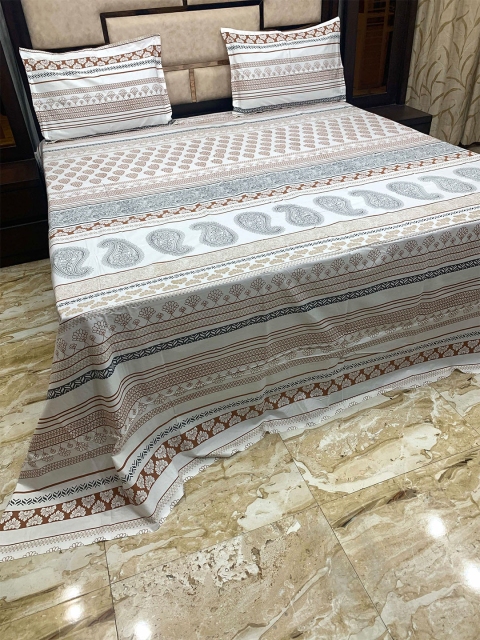 Pure Decor White & Brown Floral 400 TC King Bedsheet with 2 Pillow Covers