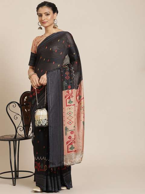 

Satrani Black & Beige Kalamkari Jute Silk Saree