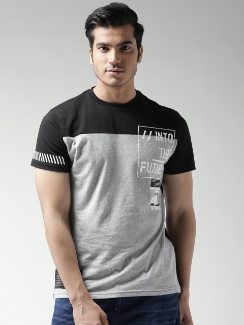 

Celio Men Grey Melange Colourblocked Printed Round Neck T-shirt