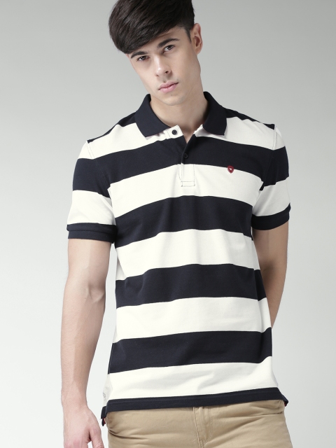 

Celio Men White & Navy Striped Polo Collar T-Shirt