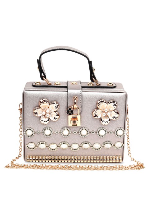 

ODETTE Silver-Toned Embellished Structured Handheld Bag