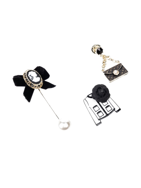 

ODETTE Women Set Of 3 Gold-Toned & Black Stone Studded Brooch, Multi
